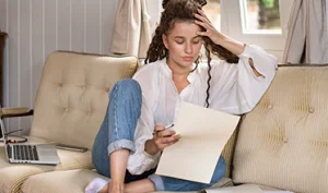 Woman completing a depression symptom questionnaire at home