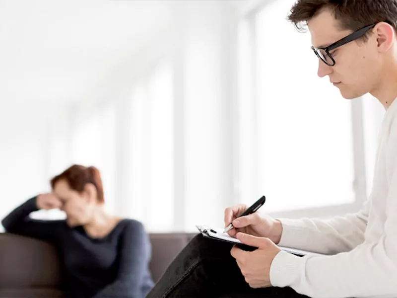 Patient receiving depression treatment and mental health support from a psychiatrist
